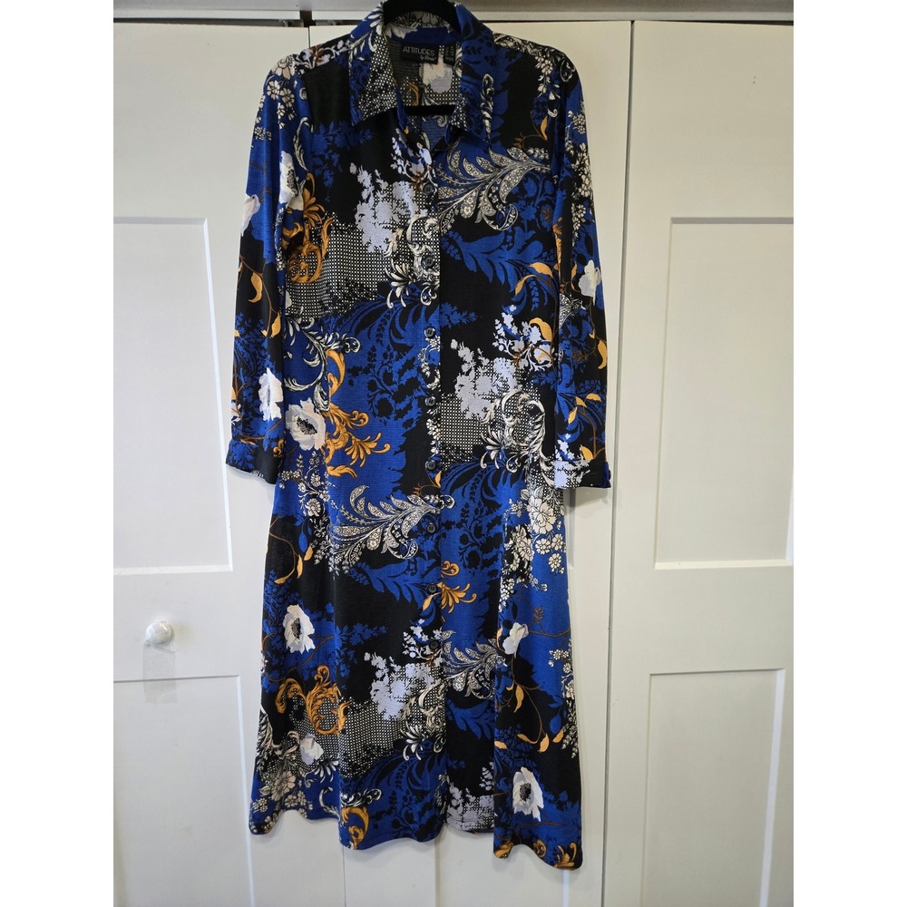 Attitudes by Renee Blue Black Floral Baroque Button Front Midi Dress MP Petite